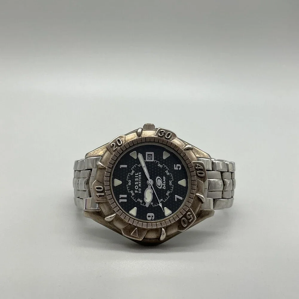 Fossil Blue AM-3091 Mens Watch 39mm Black Dial Silver Tone Date New Battery 6.5